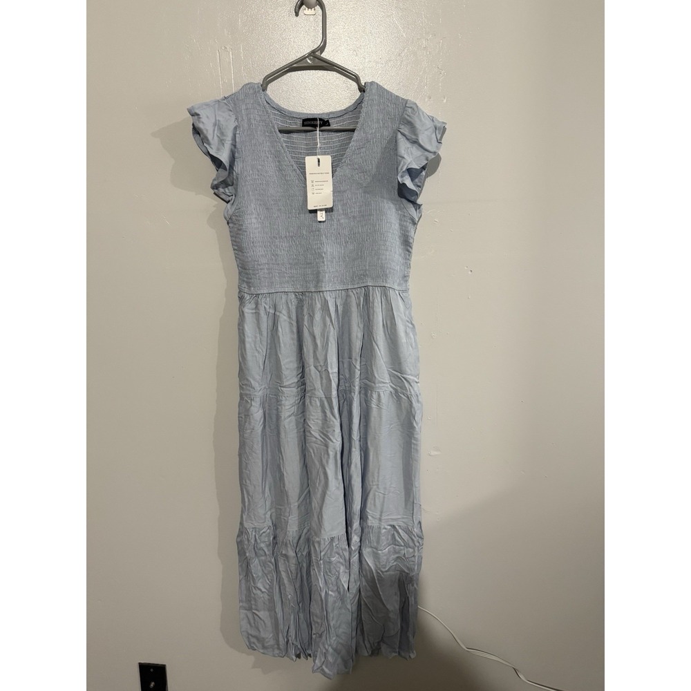 Merokeety Women's Flutter Sleeve Smocked Midi Dress Tiered, L Light‎ Blue